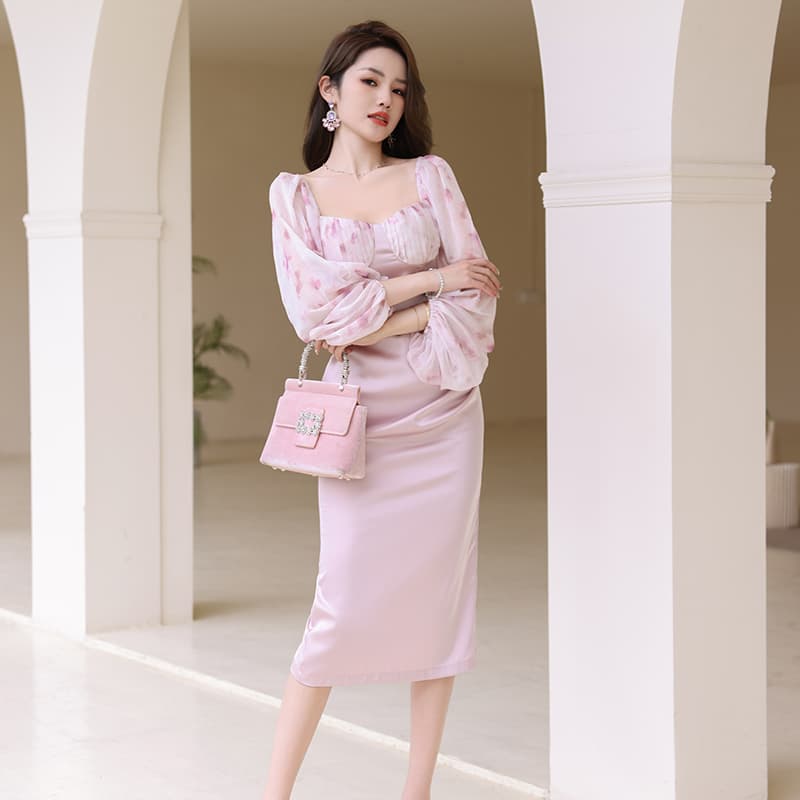 大人ワンピース ロング シースルーパフスリーブ バルーン ミディ丈ワンピース