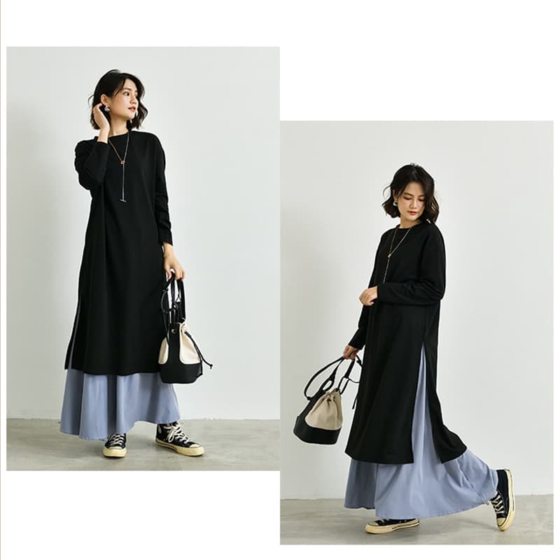 大人ワンピース 重ね着風長袖ワンピース上品きれいめロング丈