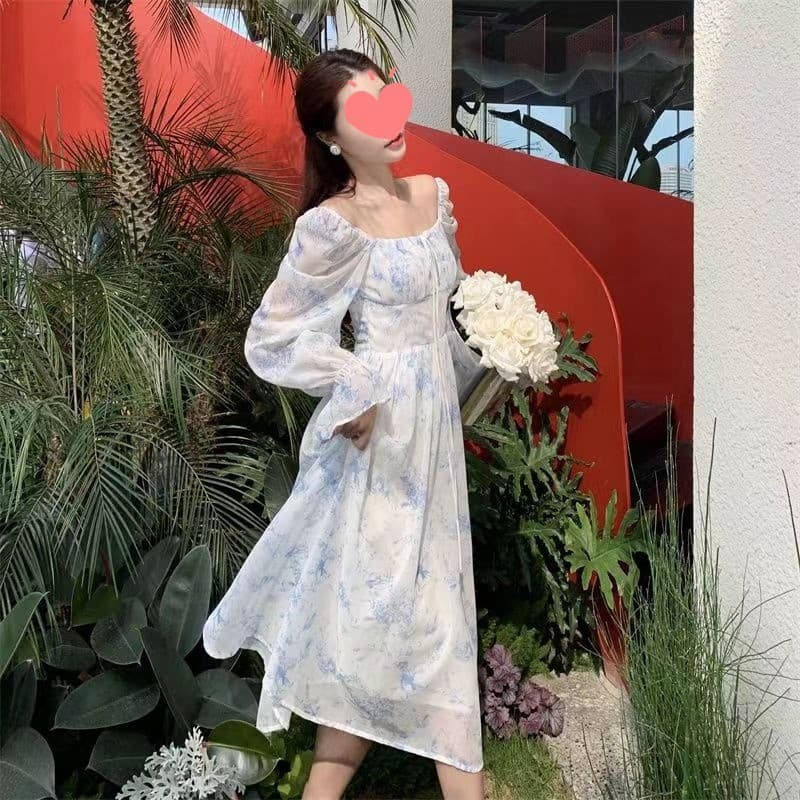 大人ワンピース ロング 優美な花柄パフスリーブワンピース