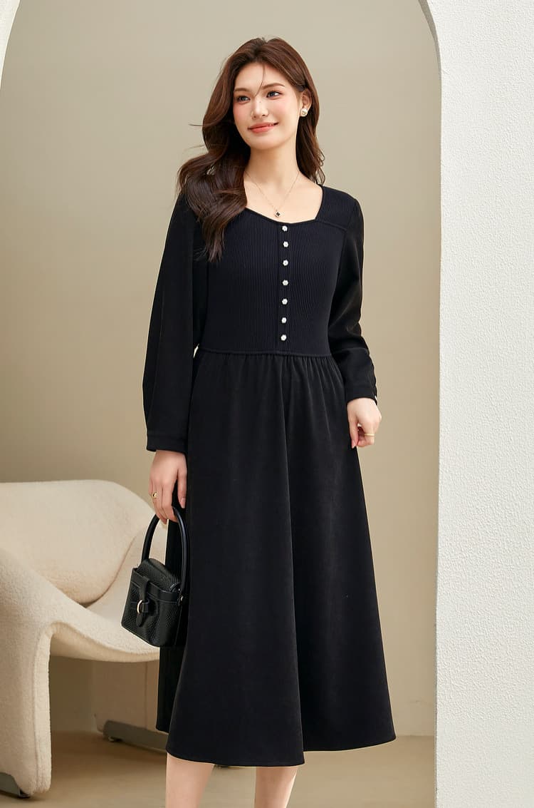 大人ワンピース ロング 上品シルエット リブニットワンピース