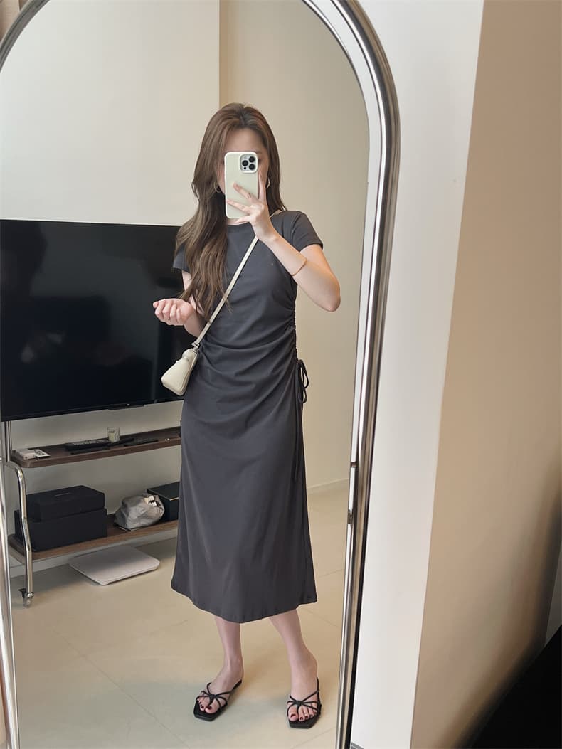 大人ワンピース ロング サイドギャザー ロングワンピース