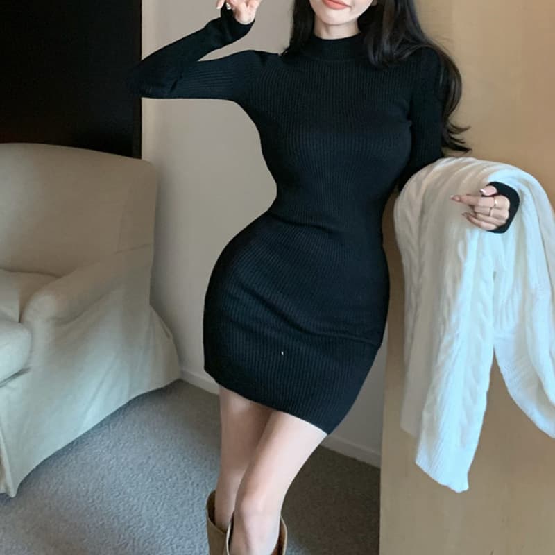 大人ワンピース ミニ スタイリッシュ美シルエット リブニットワンピース