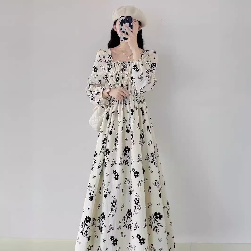 大人ワンピース ロング 優美な花柄スモック襟ロングワンピース