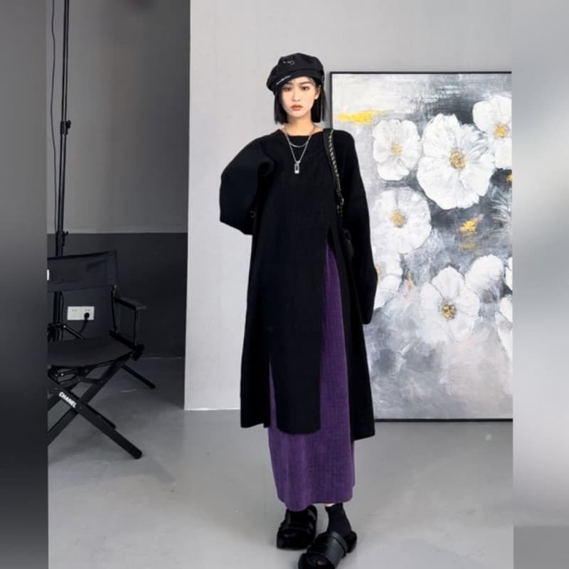大人ワンピース ロング リブ編み サイドスリットワンピース
