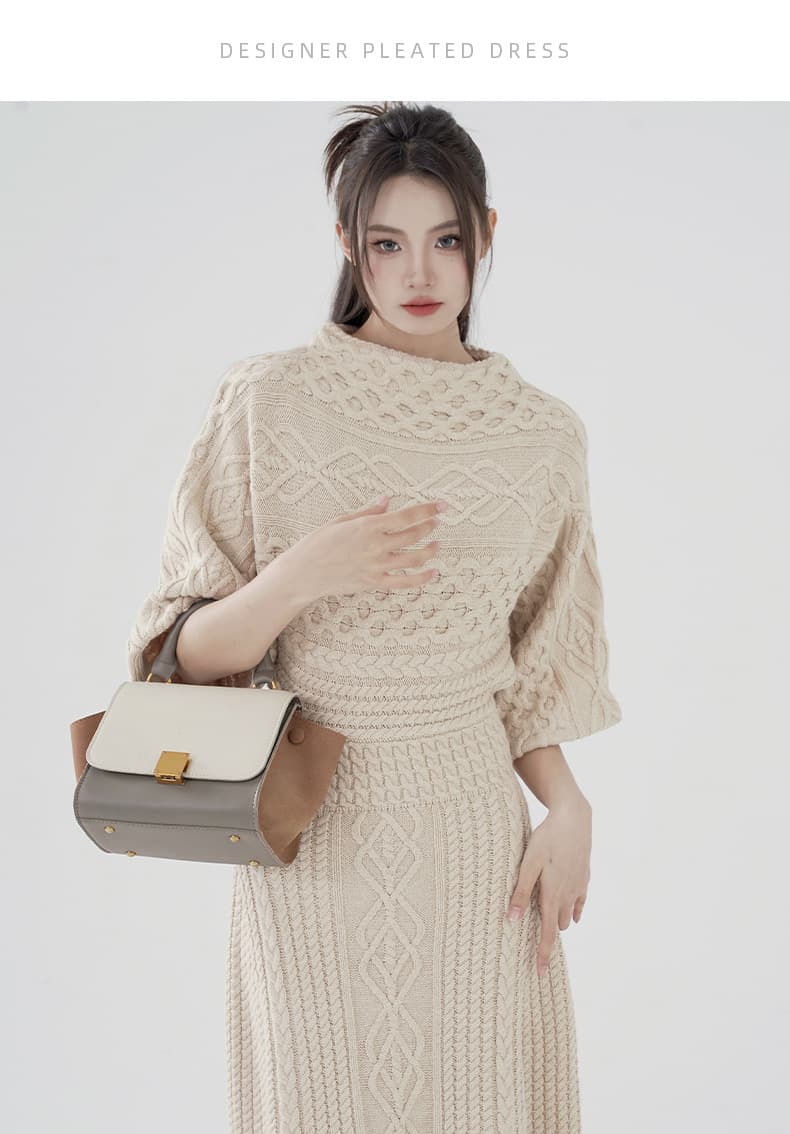 大人ワンピース ロング 上品な編み目模様 大人ケーブルニットワンピース