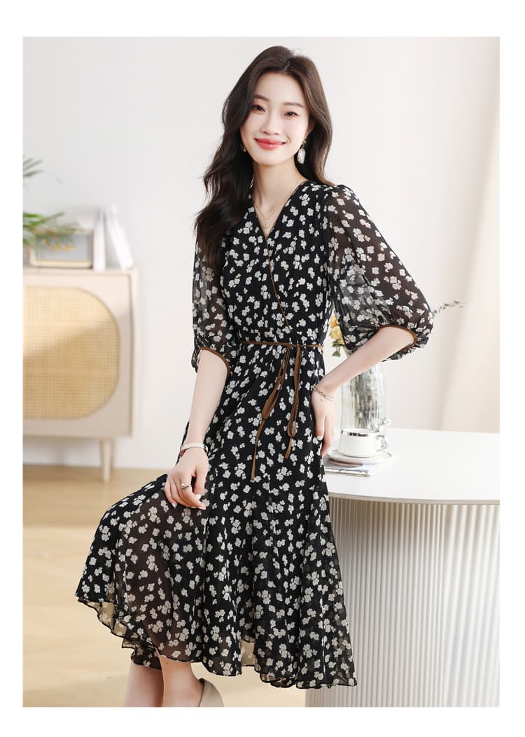 大人ワンピース ロング 花柄シアー素材パフスリーブ
