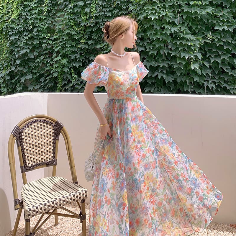 大人ワンピース ロング 花柄シアーギャザーワンピース