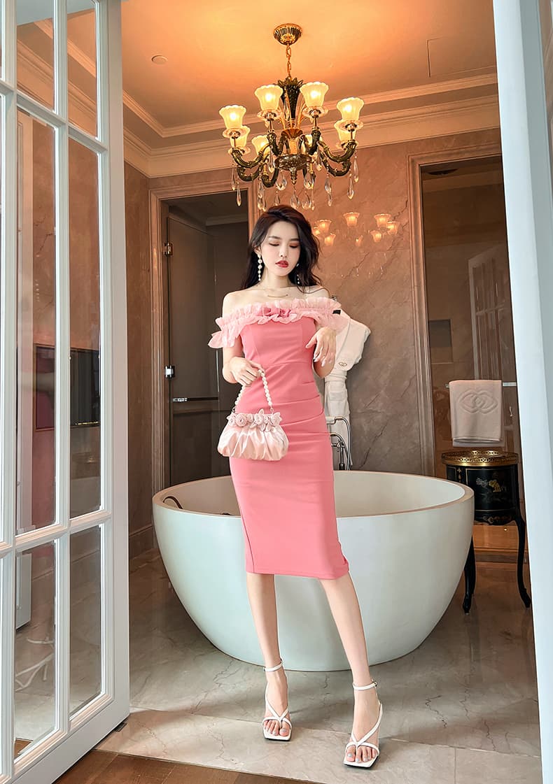 大人ワンピース ロング 優美なチュールフリルワンピース