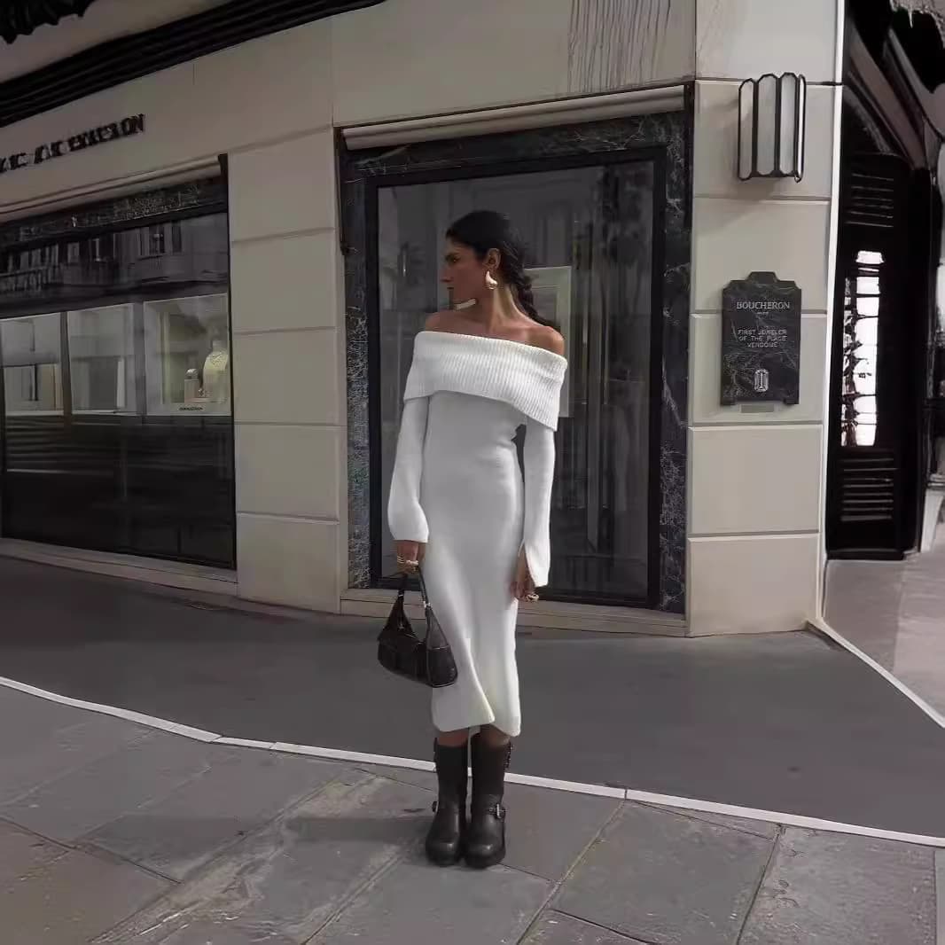 大人ワンピース ロング オフショルダーニットロングワンピース
