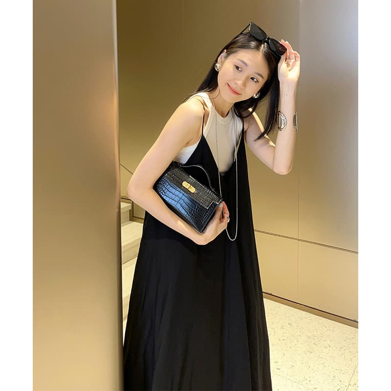 大人ワンピース ロング 重ね着風キャミソールロングワンピース