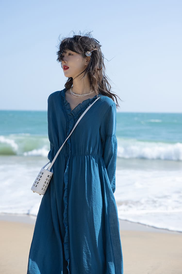 大人ワンピース ロング ふんわり袖のギャザーリネンワンピース