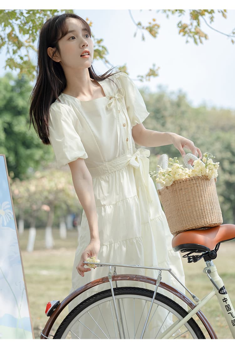 大人ワンピース ロング ふんわりパフスリーブ リボンティアードワンピース