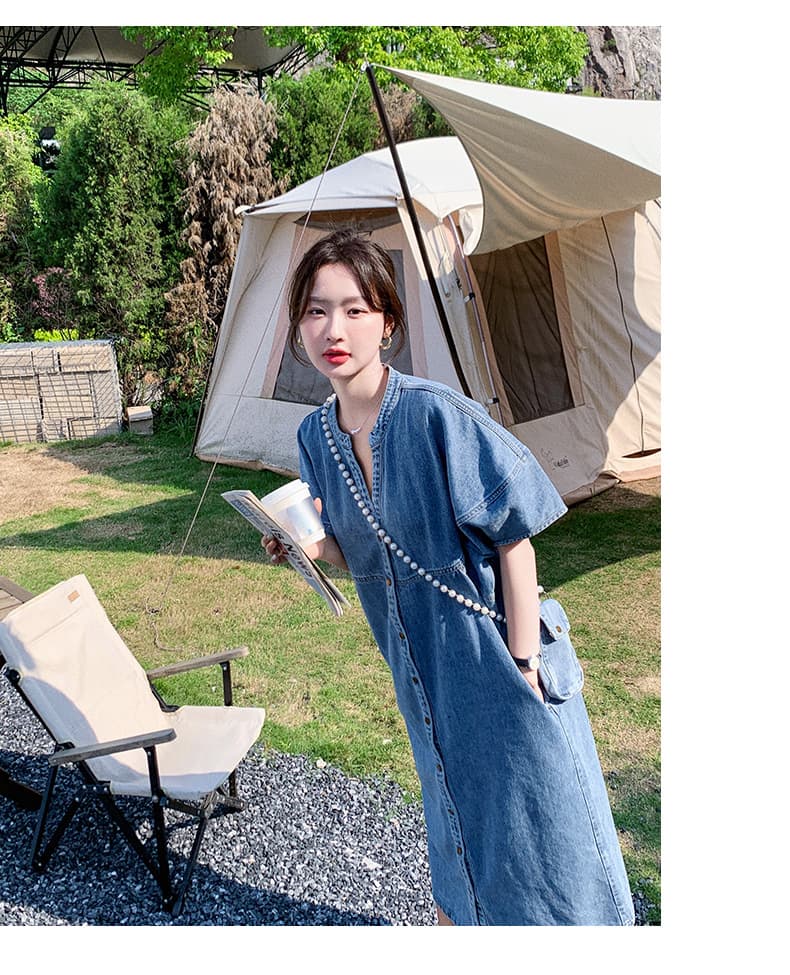 大人ワンピース ロング ノーカラーデニムワンピース