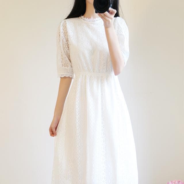 大人ワンピース ロング レース編みフリル袖