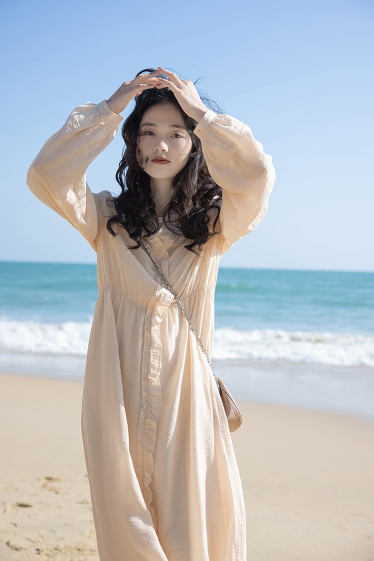 大人ワンピース ロング ふんわり袖のギャザーリネンワンピース