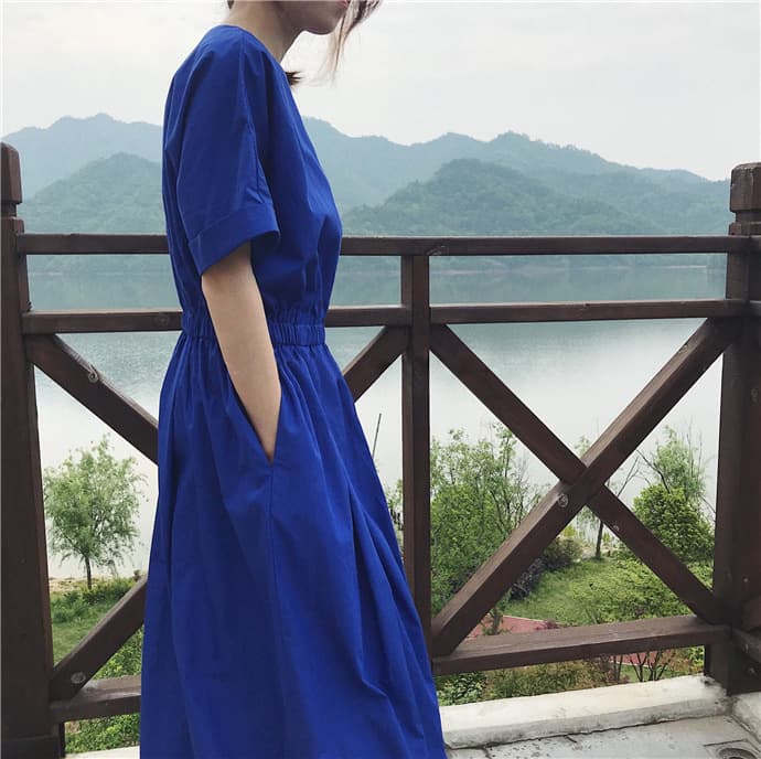 大人ワンピース ロング 五分袖ゆったりギャザーワンピース