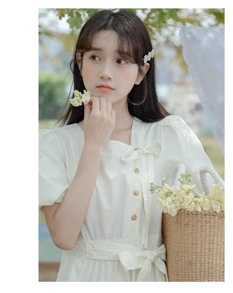 大人ワンピース ロング ふんわりパフスリーブ リボンティアードワンピース