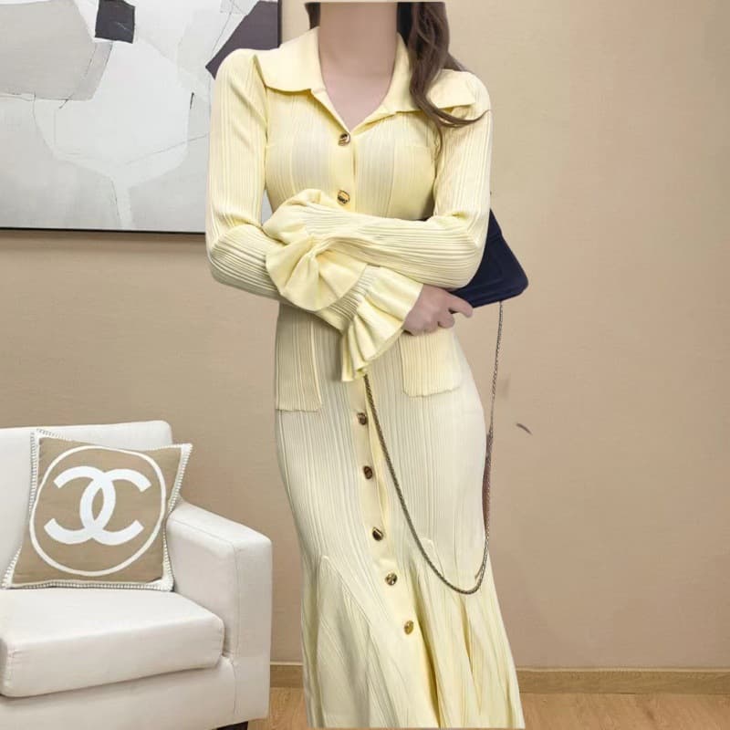 大人ワンピース ロング フレア袖リブニットロングワンピース