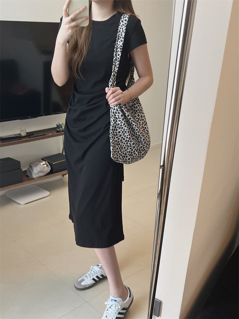 大人ワンピース ロング サイドギャザー ロングワンピース