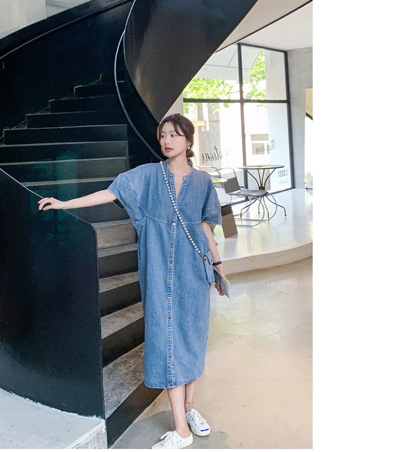 大人ワンピース ロング ノーカラーデニムワンピース