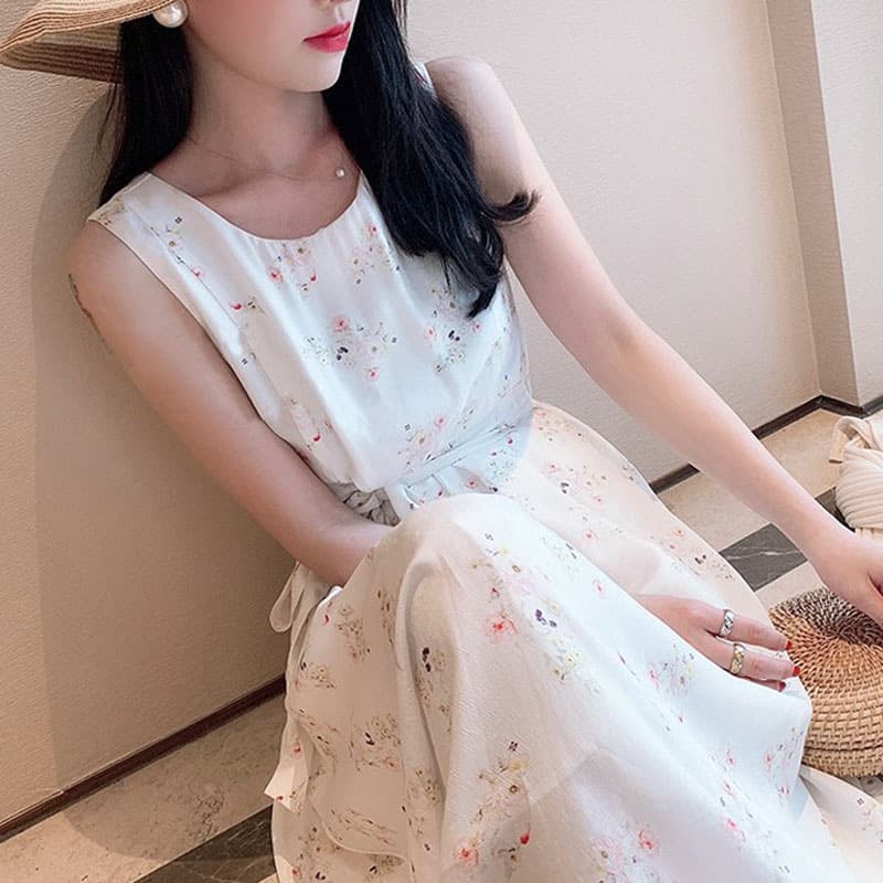 大人ワンピース ロング 花柄ノースリーブギャザーワンピース