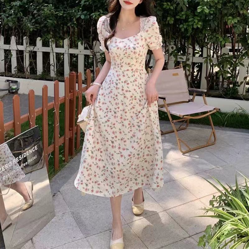 大人ワンピース ロング 上品華やかな花柄パフスリーブワンピース