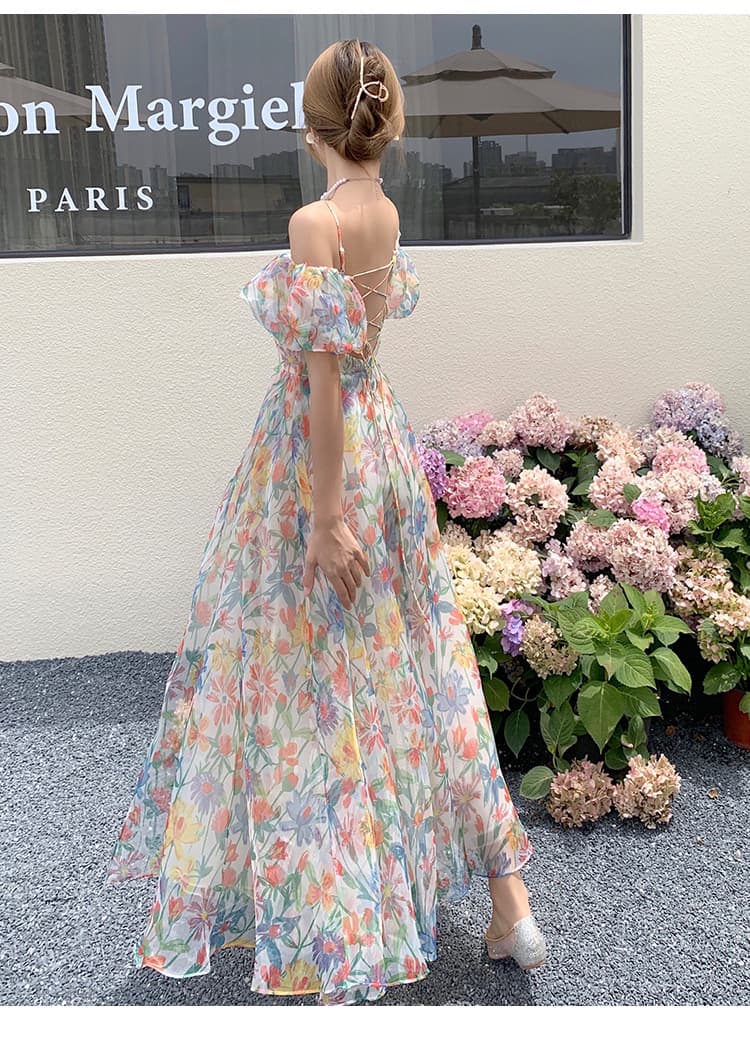 大人ワンピース ロング 花柄シアーギャザーワンピース