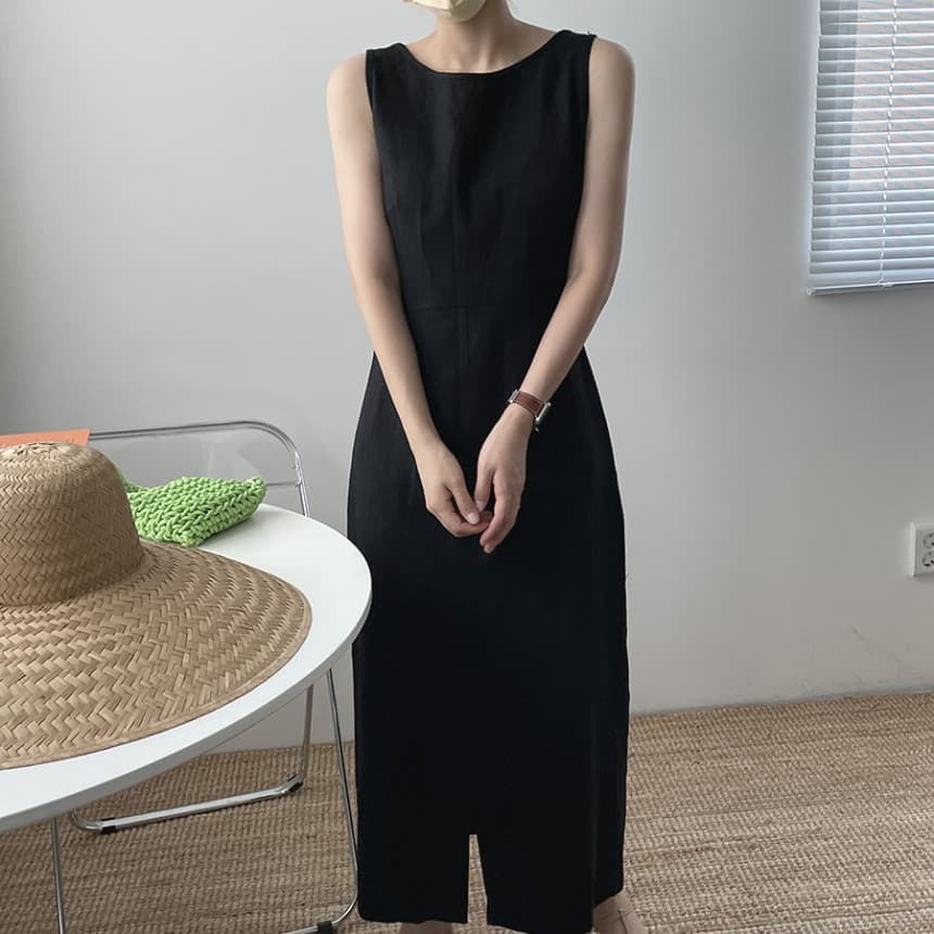 大人ワンピース 綿麻無地ノースリーブロングワンピース