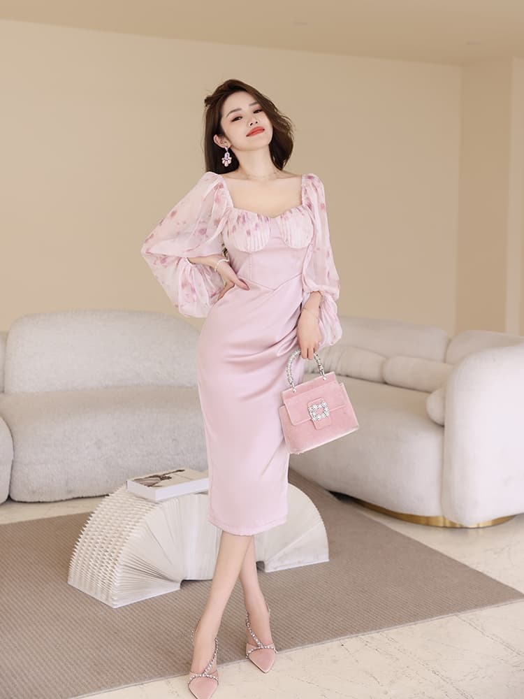 大人ワンピース ロング シースルーパフスリーブ バルーン ミディ丈ワンピース