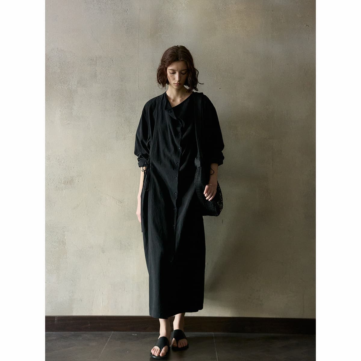 大人ワンピース ロング 優美な佇まい リネン風前開きワンピース