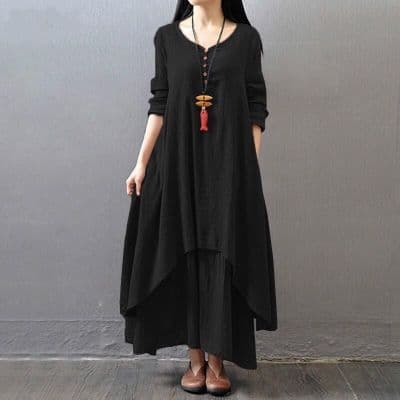 大人ワンピース ロング 重ね着風ゆったりワンピース