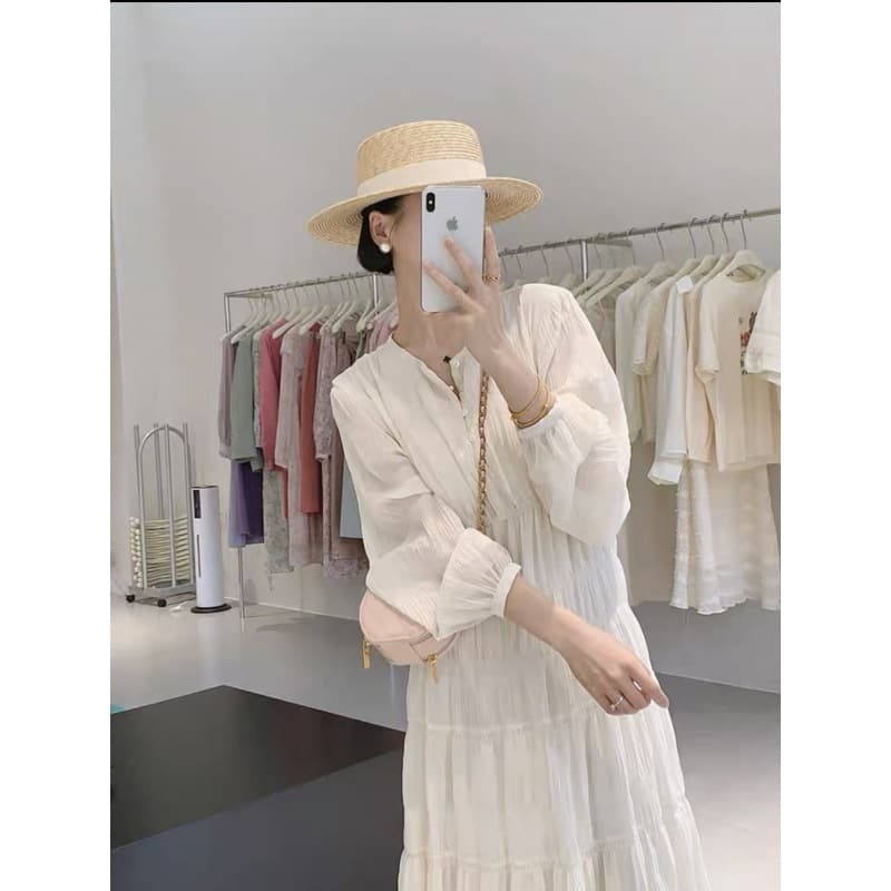大人ワンピース ロング ふんわり袖のティアードロングワンピース