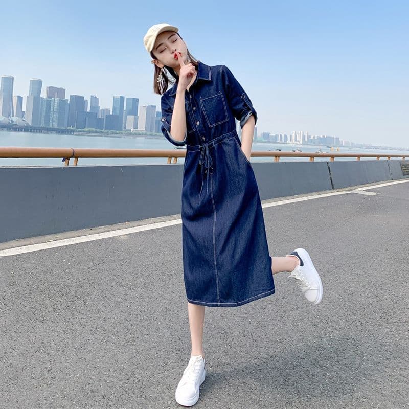 大人ワンピース ロング  デニム素材シャツカラーロングワンピース