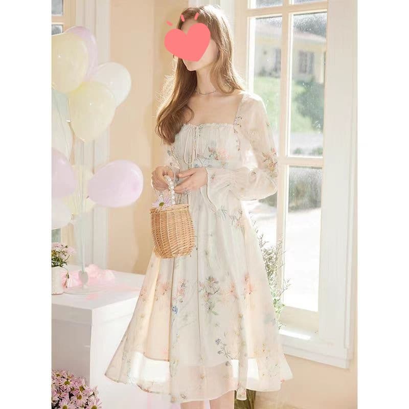 大人ワンピース ロング 優美な花柄パフスリーブワンピース