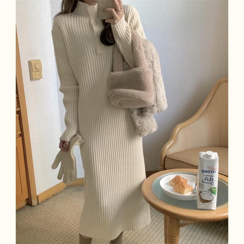 大人ワンピース リブニットワンピース長袖ハイネックロング丈きれいめ