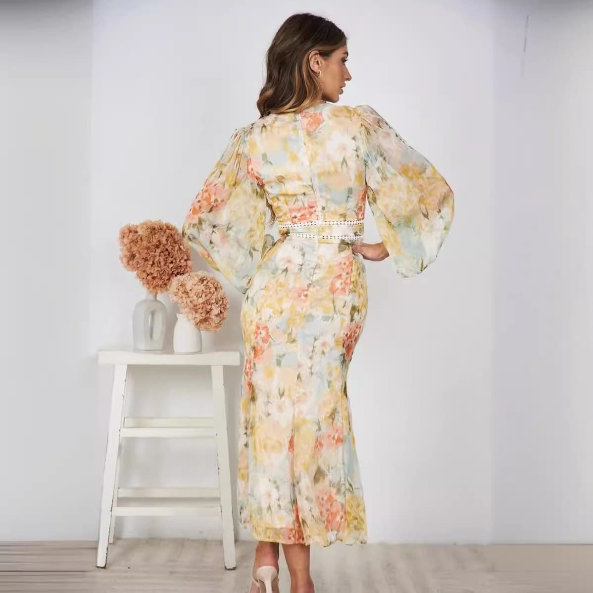 大人ワンピース ロング 優美な花柄シフォンロングドレス