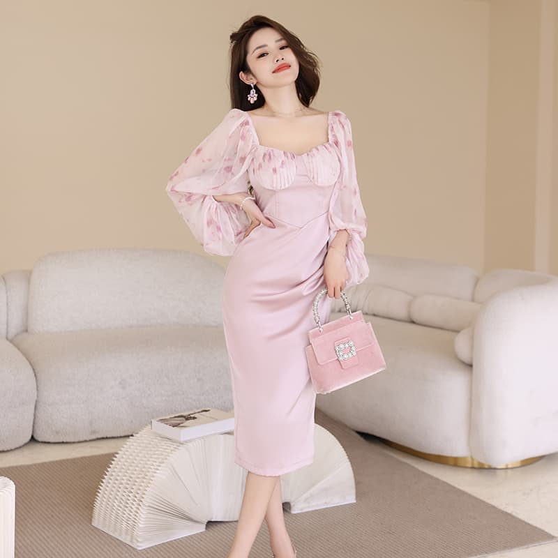 大人ワンピース ロング シースルーパフスリーブ バルーン ミディ丈ワンピース