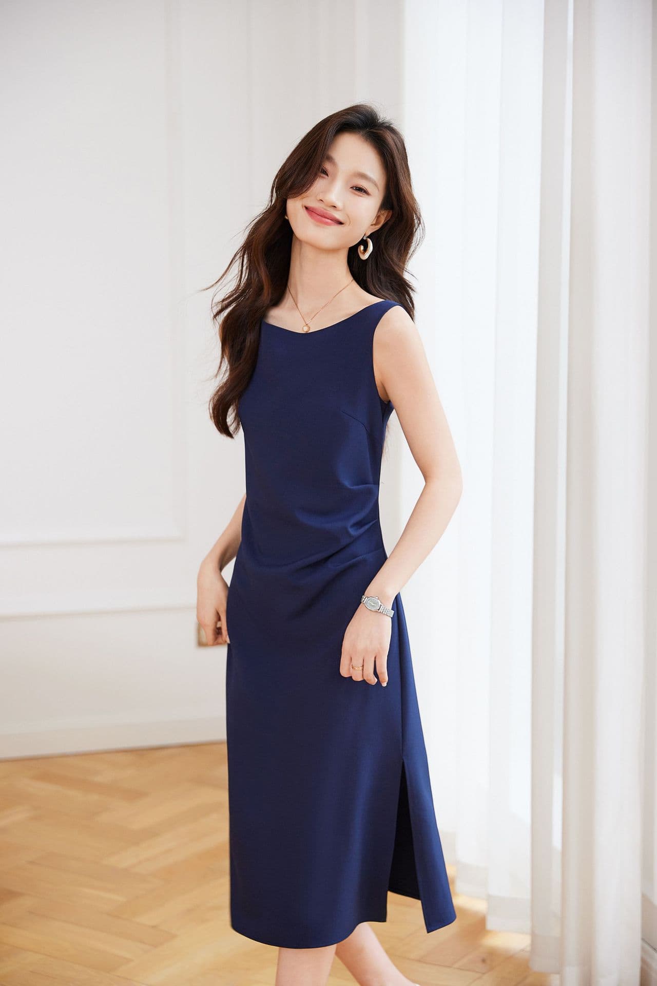 大人ワンピース ロング シンプル上品スリット入りワンピース