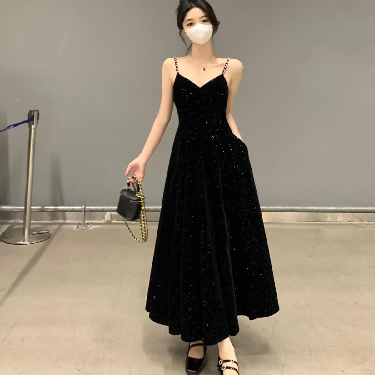 大人ワンピース ロング きらめき華やぎベロア調ギャザーワンピース