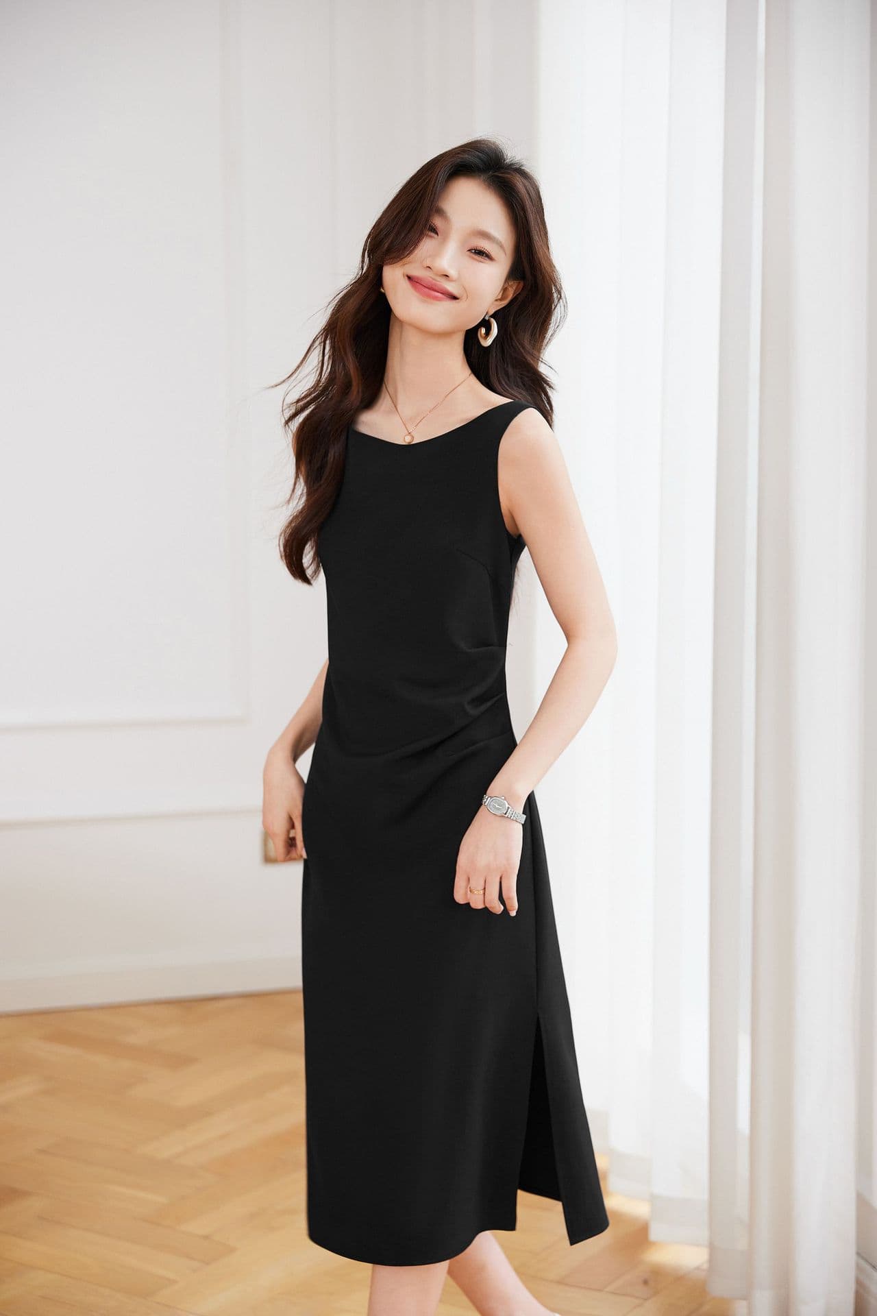 大人ワンピース ロング シンプル上品スリット入りワンピース