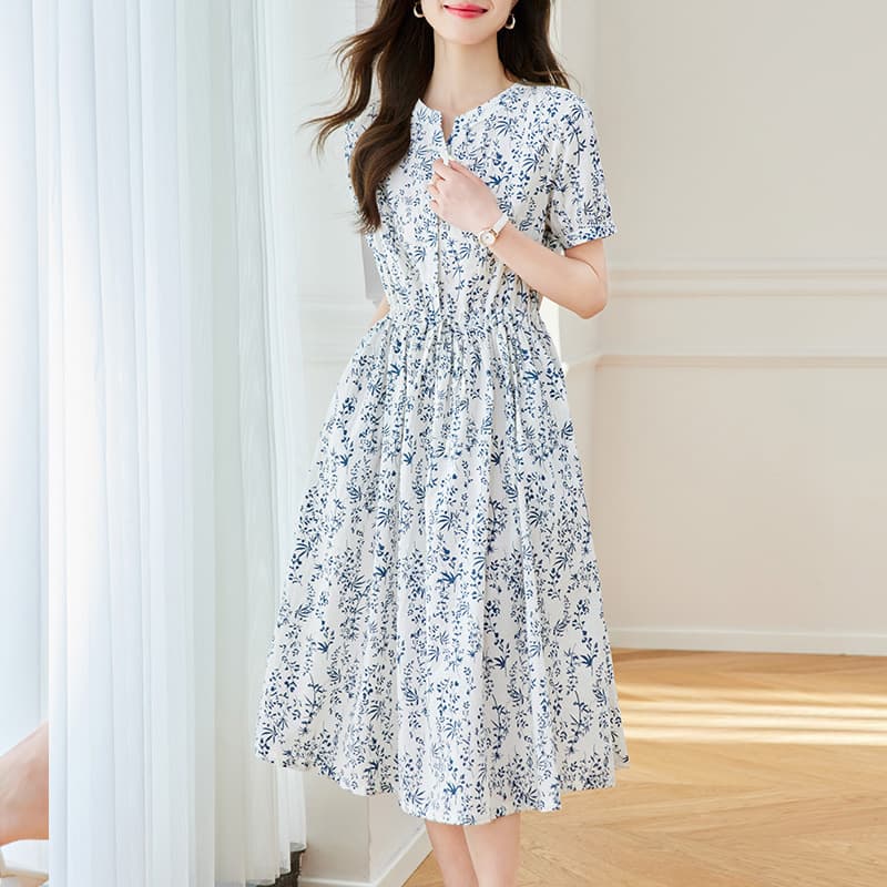 大人ワンピース ロング 優美な花柄ギャザーロングワンピース