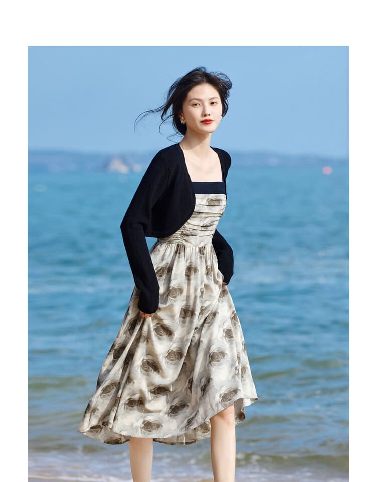 大人ワンピース ロング 優美な薔薇模様 ギャザーワンピース