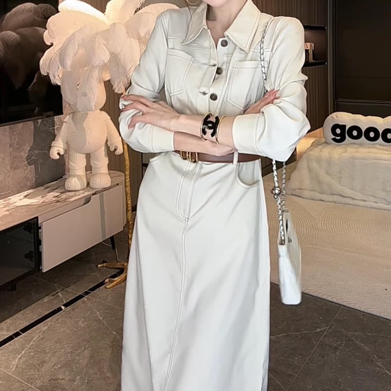 大人ワンピース ロング 上品シルエット シャツ襟ロングワンピース