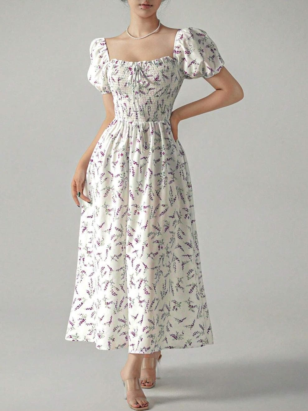 大人ワンピース ロング 花柄シャーリングワンピース