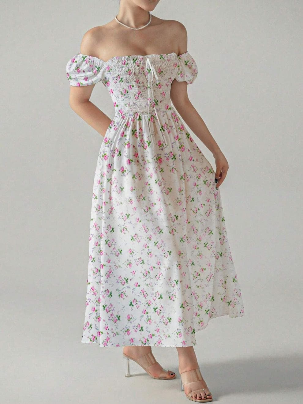 大人ワンピース ロング 花柄シャーリングワンピース