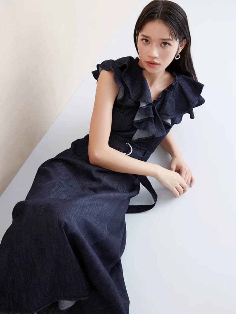 大人ワンピース ロング フリルデザイン デニムワンピース