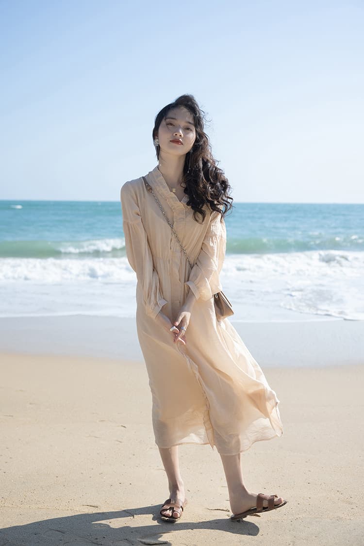 大人ワンピース ロング ふんわり袖のギャザーリネンワンピース