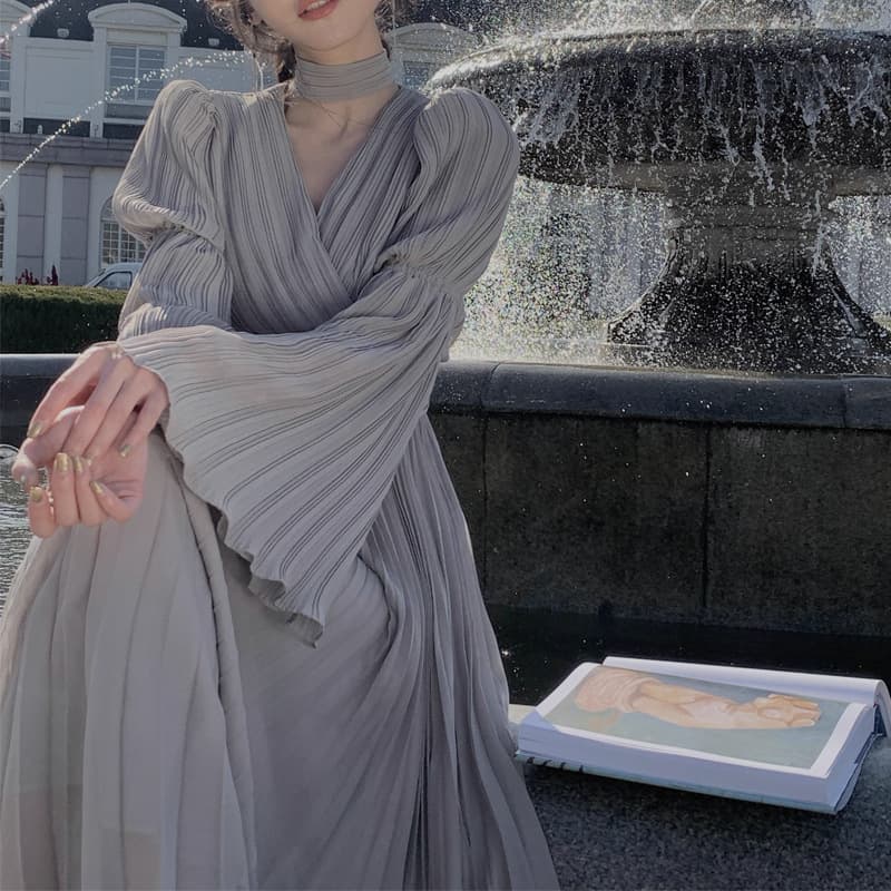 大人ワンピース ロング ドレープギャザー プリーツ ワンピース