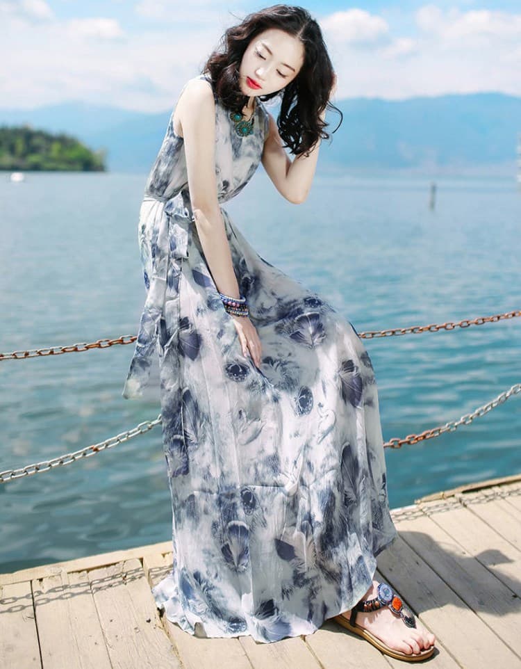 大人ワンピース ロング 優美な花模様 シフォンマキシワンピース