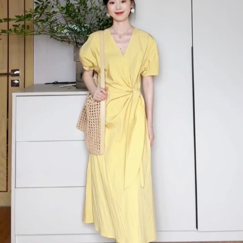 大人ワンピース ロング ウエストリボン付きパフスリーブワンピース